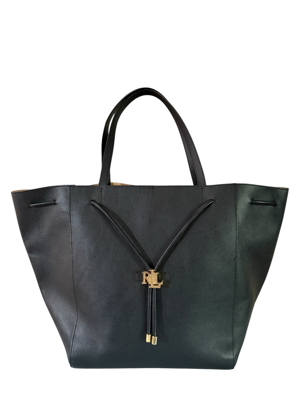 Lauren Ralph Lauren Andie Black Leather Drawstring Tote Bag
